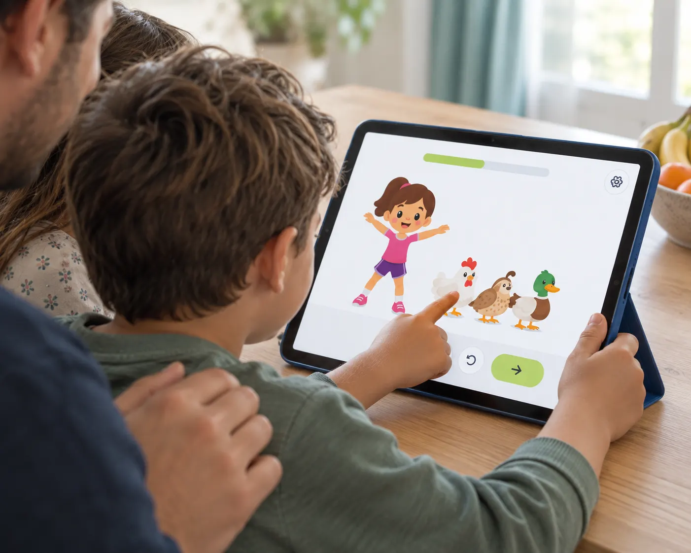 A family plays together on a tablet at the table at home: the boy points at the screen while the adults look on.